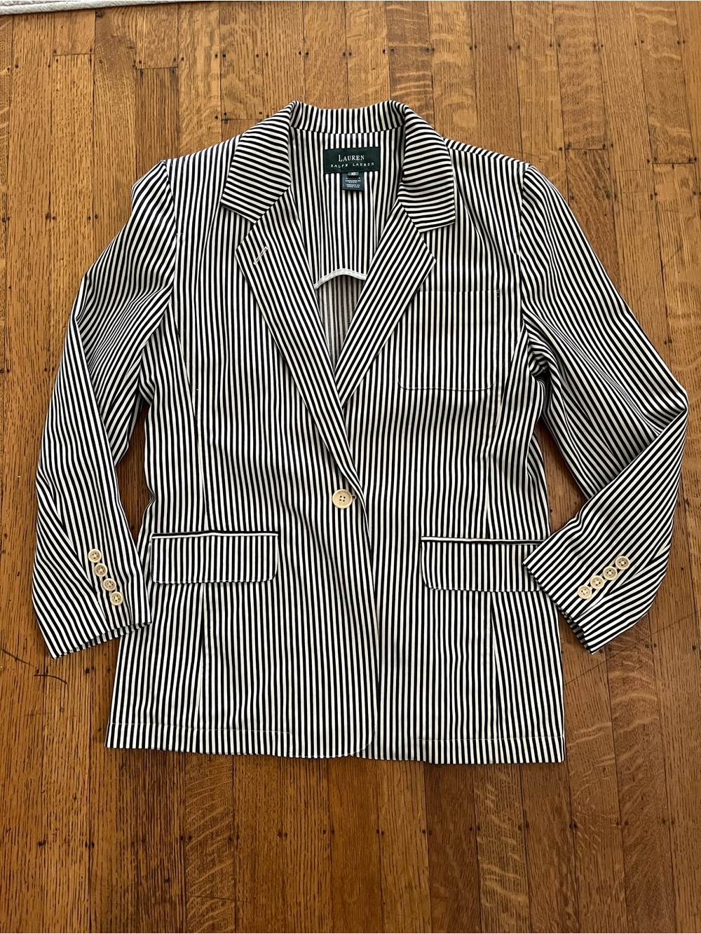 Lauren Ralph Lauren Black and White Striped Single-Button Blazer